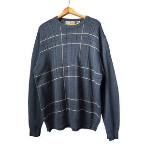 Oscar De LaRenta Vintage Sweater Navy Brown Plaid Sweater Long Sleeve Cotton XXL
